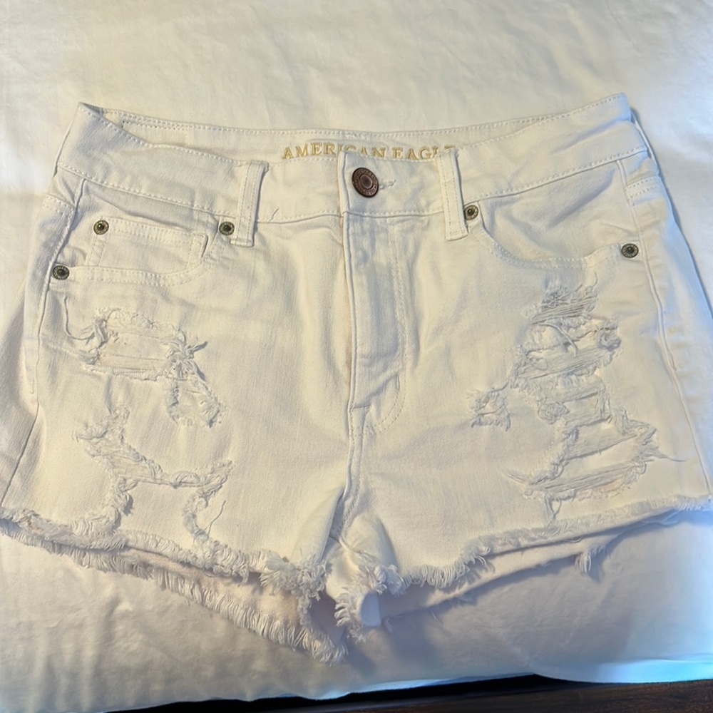 AE white denim shorts